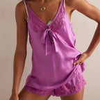 Silky Satin Pajama Set With Lace Tie Cami Top And Shorts Two Piece Boho Vintage Sleepwear