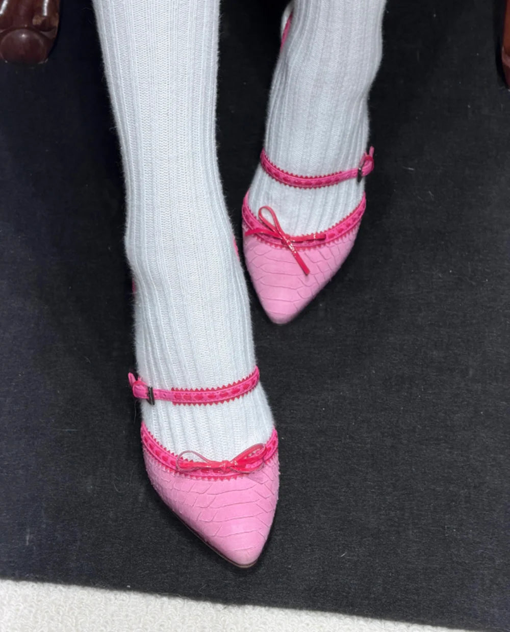 Vivid Pink Pointed Toe Pumps With Bow Strap Croc Embossed Detail