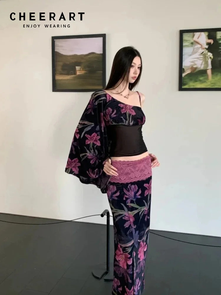 Floral Vintage Velour Off Shoulder Two Piece Set