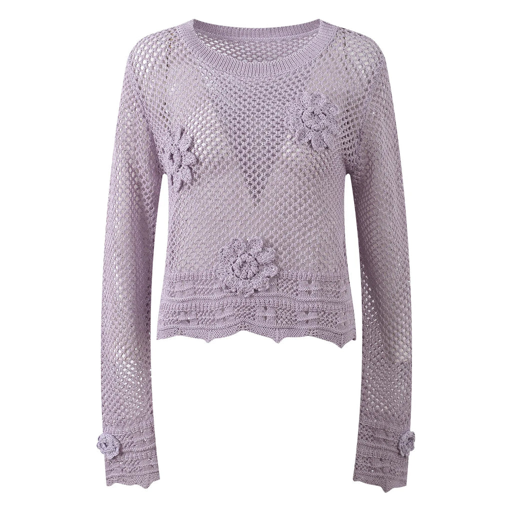 Sunlit Hollow Knit Top Elegant Long Sleeve Jumper Lightweight Sweater