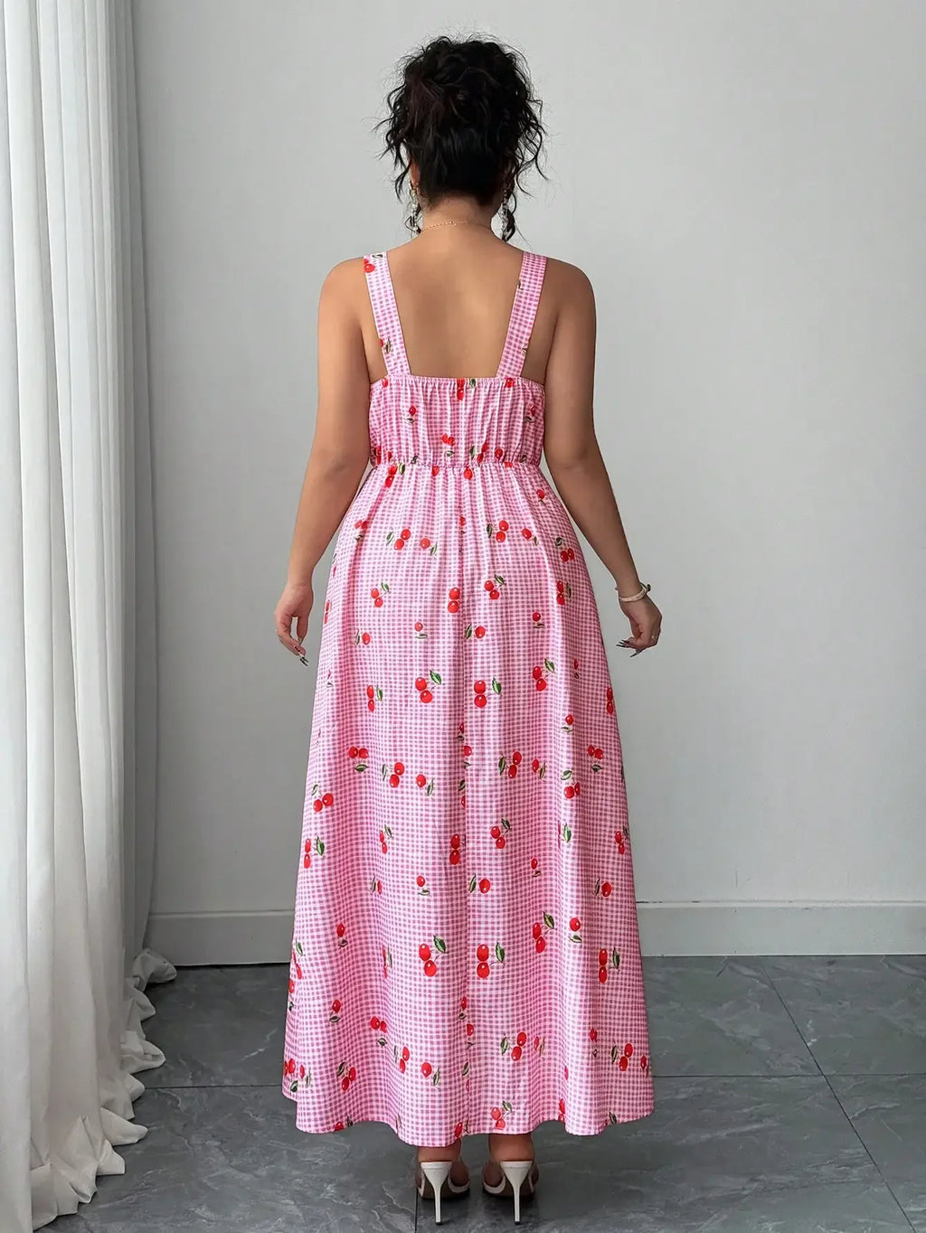 Sweet Cherry Print Gingham Tiered Maxi Dress