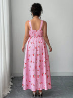 Sweet Cherry Print Gingham Tiered Maxi Dress