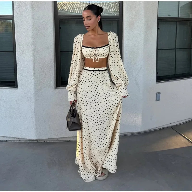 Polka Dot Square Collar Crop Top And High Waist Maxi Skirt Set Outfit