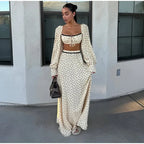 Polka Dot Square Collar Crop Top And High Waist Maxi Skirt Set Outfit