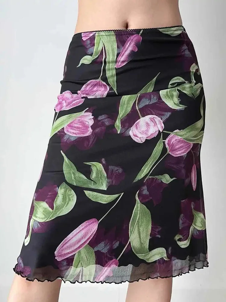 Vintage Floral Mesh High Waist Midi Mermaid Skirt