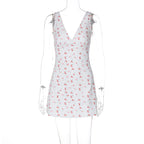 Cherry Print Straps Backless Draped Mini Dress