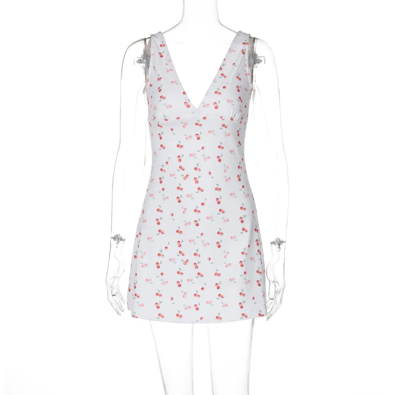 Cherry Print Straps Backless Draped Mini Dress