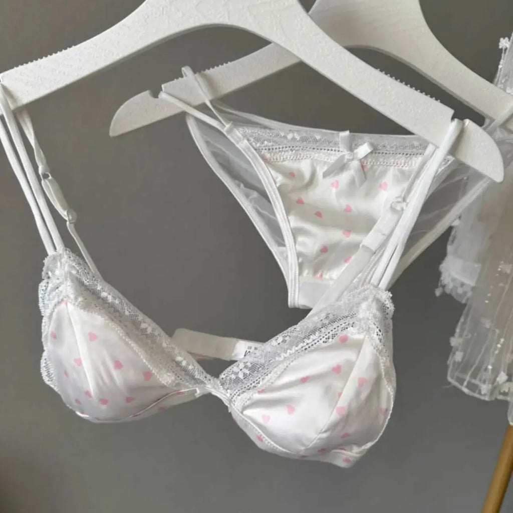 French Style Satin Lace Lingerie Set With Triangle Cups Wireless Soft Fabric Daily Wear