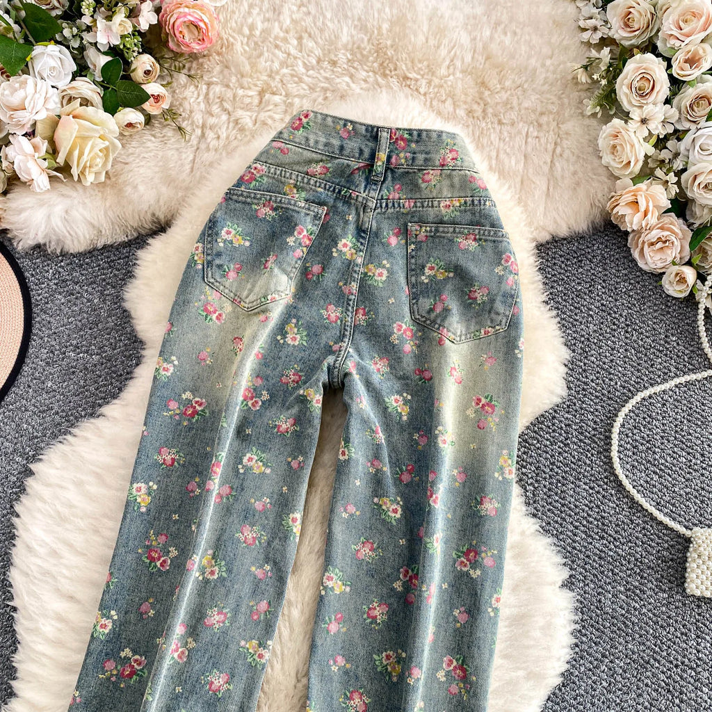 Floral Dream Denim Pants With Wide Leg Silhouette And High Waist