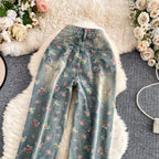 Floral Dream Denim Pants With Wide Leg Silhouette And High Waist