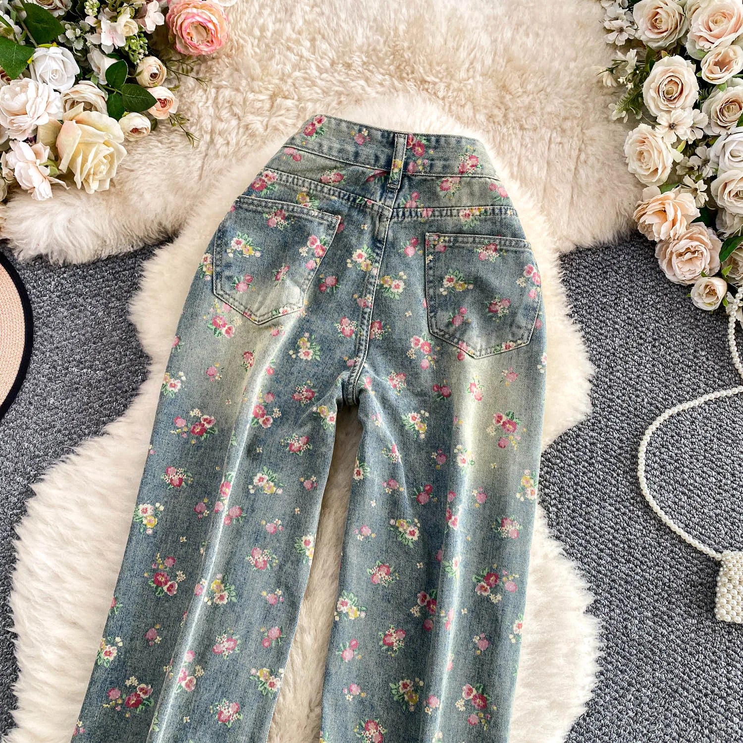Floral Dream Denim Pants With Wide Leg Silhouette And High Waist