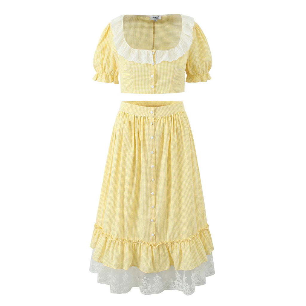 Yellow Gingham Lace Top And Skirt Set Vintage