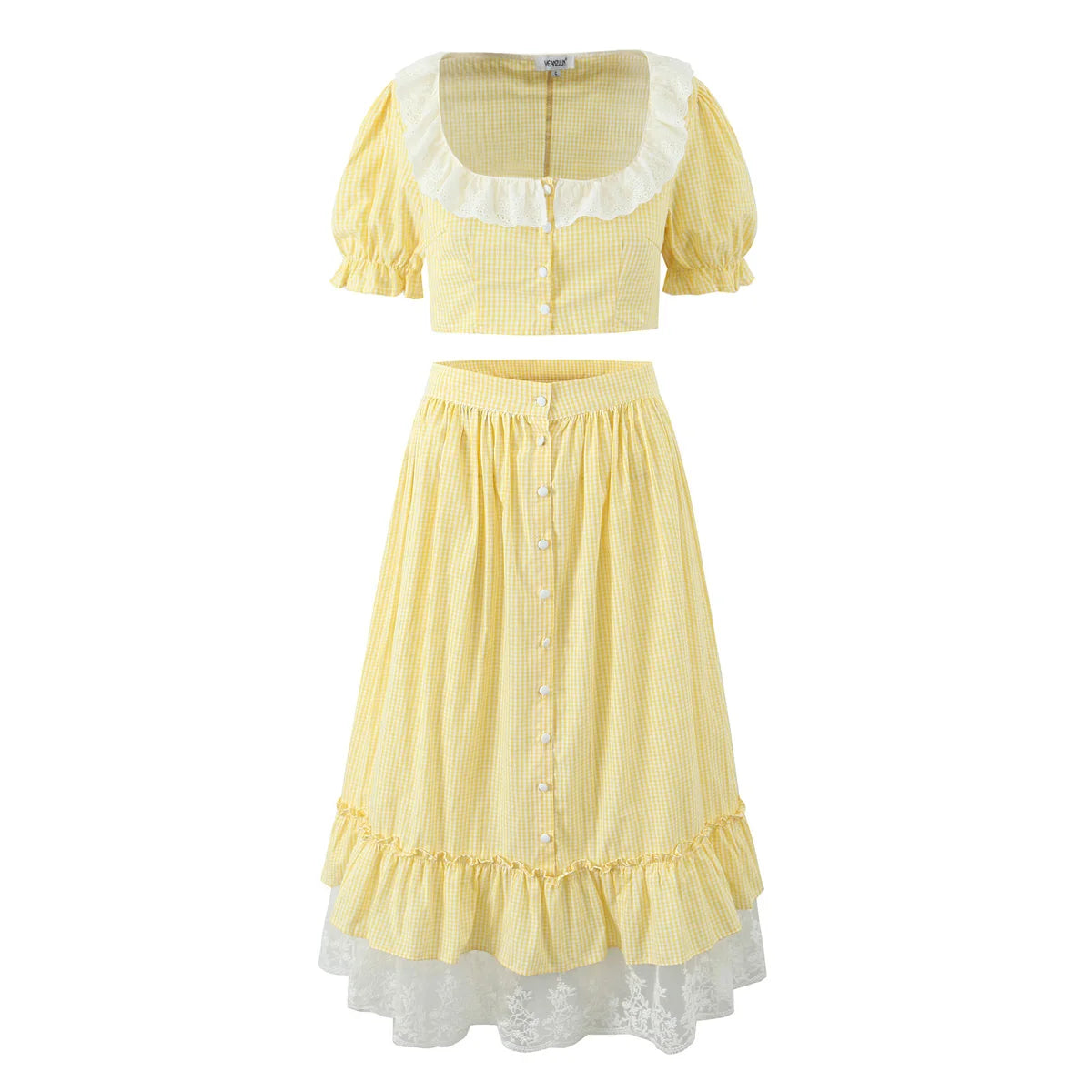 Yellow Gingham Lace Top And Skirt Set Vintage