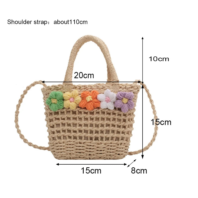 Straw Woven Shoulder Bag With Floral Details