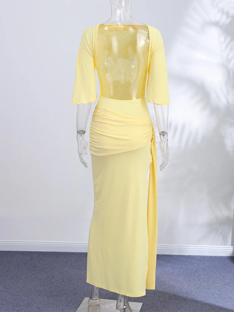 Backless Party Maxi Dress With O Neck Slim Pleated Ribbon Detail