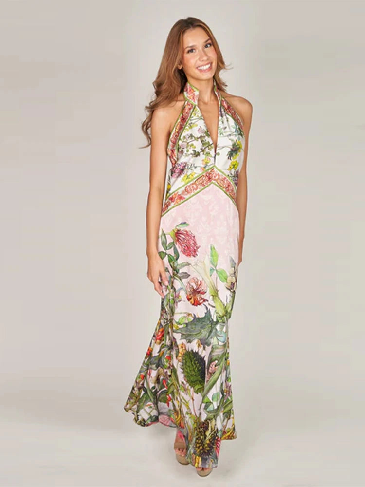 Flirty Printed Halter Backless Dress For Summer Party Chic Evening Outfits Slim High Waist
