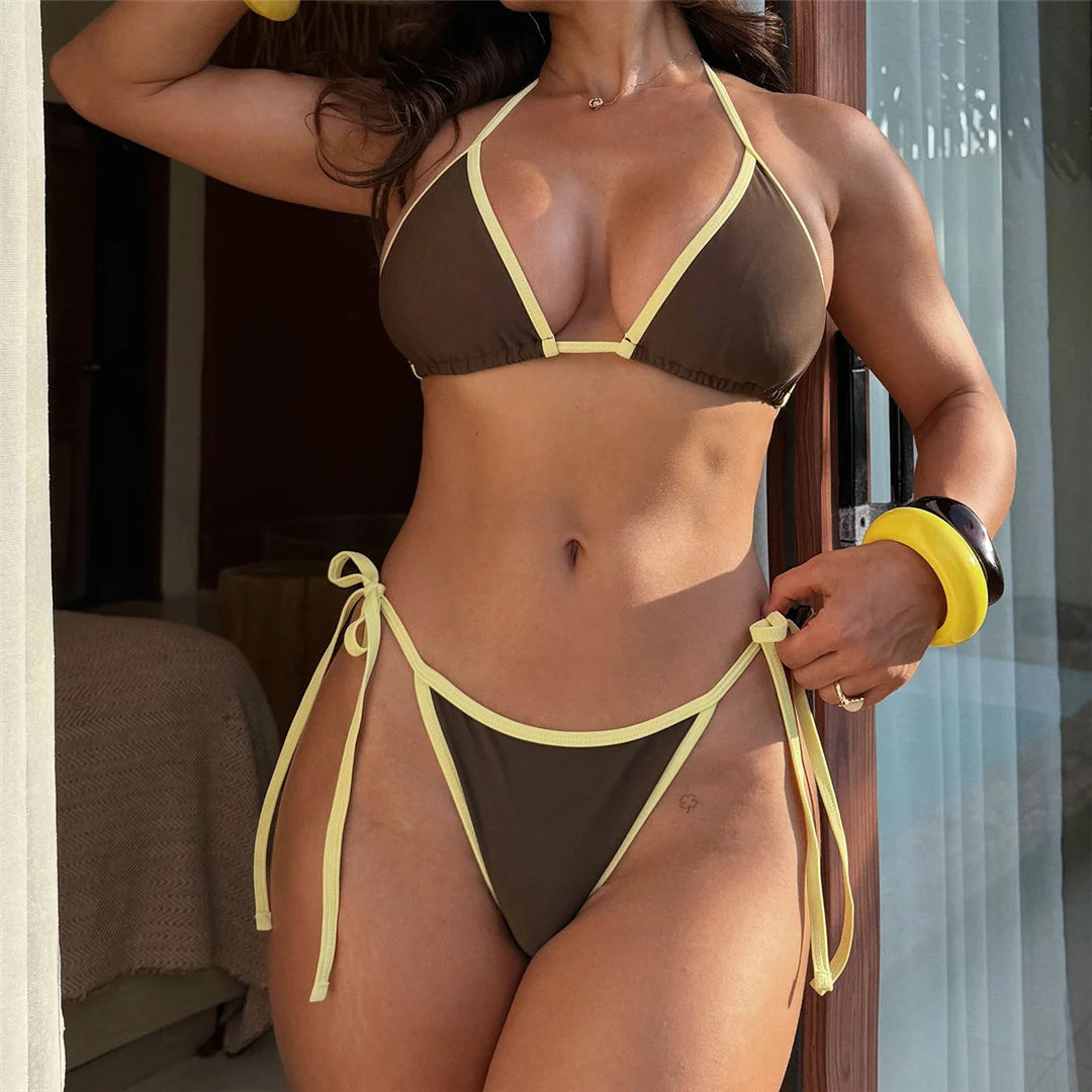 Yellow Polka Dot Skirt Halter Female Three-piece Bikini Set