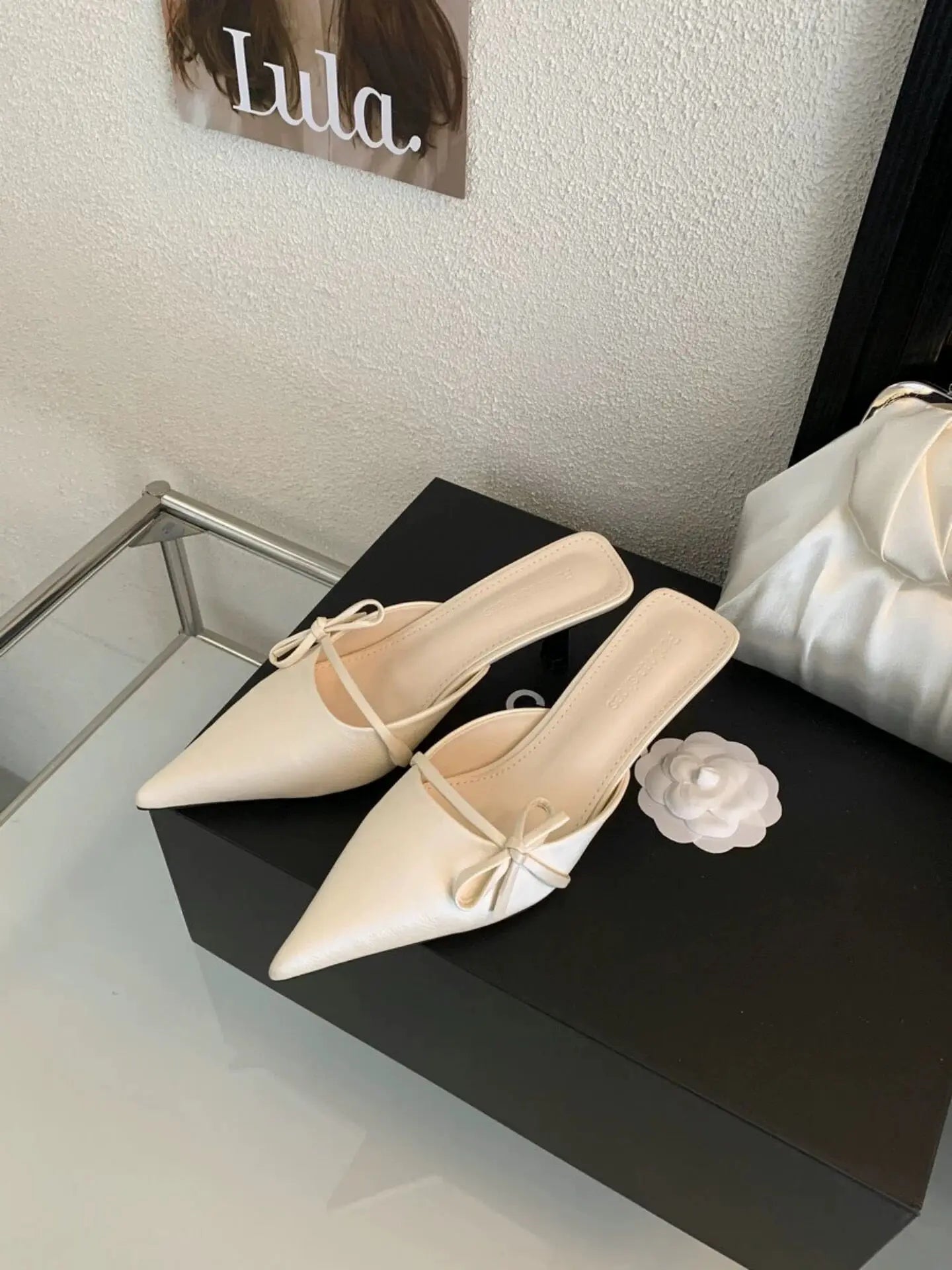 Elegant Bow Pointed Toe Mules With Thin Slip-on Heels