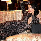 Lace Patchwork Hollow Out Mini Dress With Turtleneck And Long Flare Sleeves