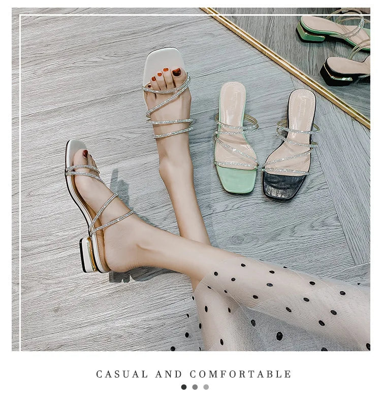 Crystal Rhinestone Clear Strap Sandals With Low Heel