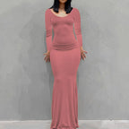 Long Sleeve Dress With Slim Silhouette And Flowing Maxi Skirt