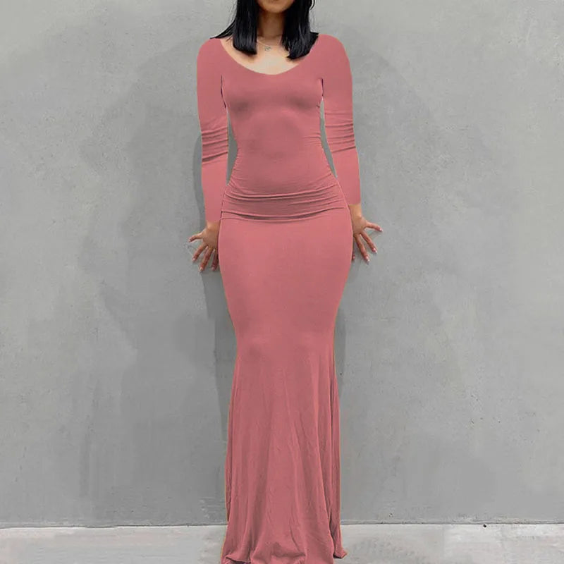 Long Sleeve Dress With Slim Silhouette And Flowing Maxi Skirt