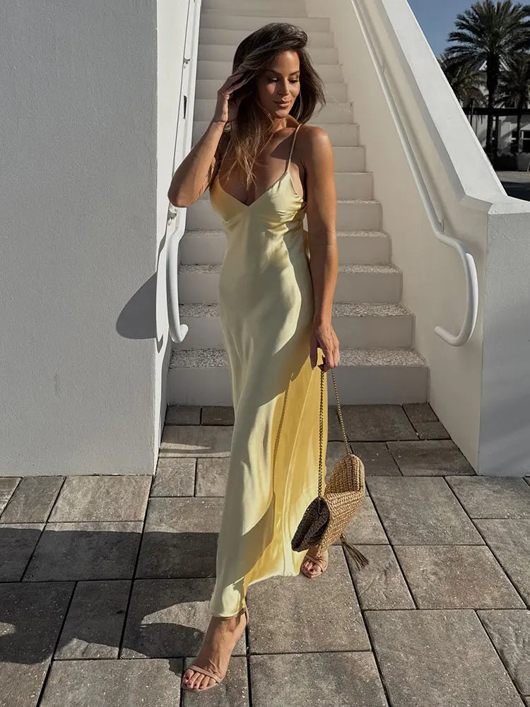 Sling Long Dress With V Neck Backless Elegant Sleeveless