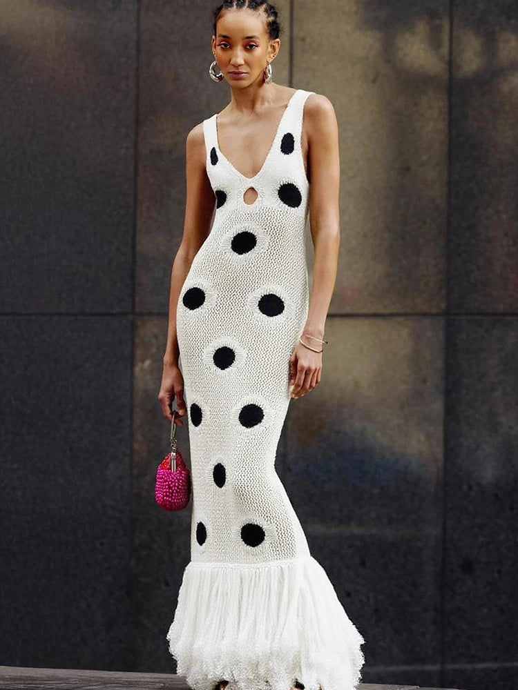 Midnight Sleeveless Knit Maxi Dress With Hollow Dot Tassel Hem