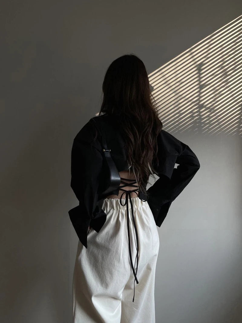 Backless Bandage Blouse With Turn Down Collar And Delicate Lace Up Details