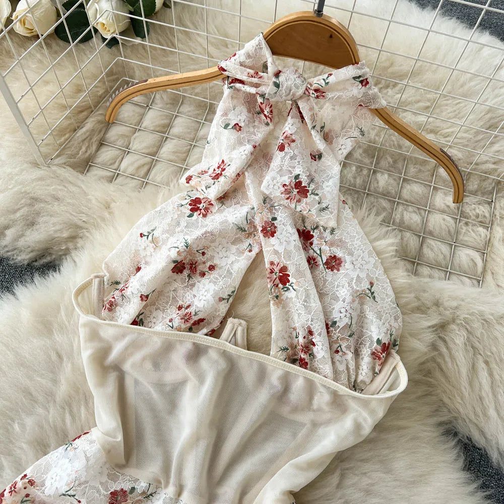 Floral Halter With Mesh Bodysuit