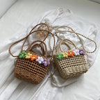 Straw Woven Shoulder Bag With Floral Details