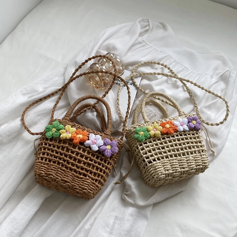 Straw Woven Shoulder Bag With Floral Details