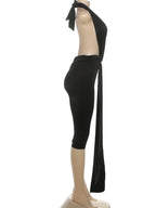 Midnight Patchwork Halter Romper Backless Slim Fit