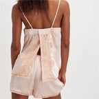 Silky Satin Pajama Set With Lace Tie Cami Top And Shorts Two Piece Boho Vintage Sleepwear