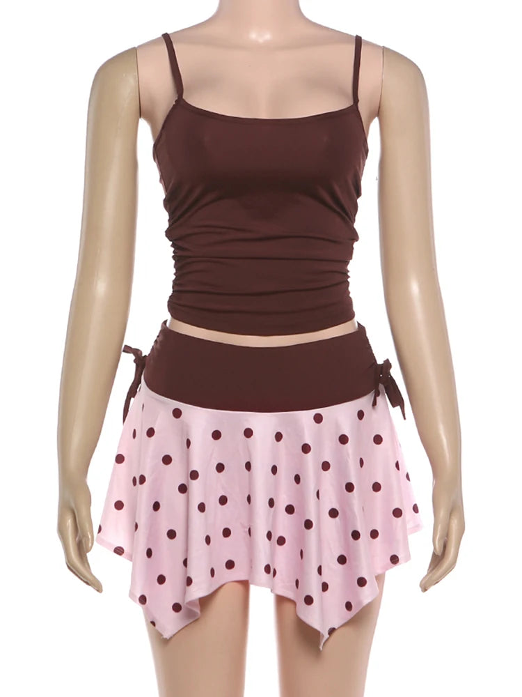 Pink Brown Two Piece Set With Polka Dot Cami And Ruched Mini Skirt
