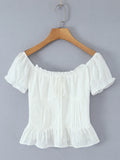 Women Sweet Lace Patchwork Bow Tied Blouses French Slash Neck Short Sleeve