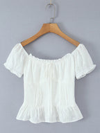 Women Sweet Lace Patchwork Bow Tied Blouses French Slash Neck Short Sleeve
