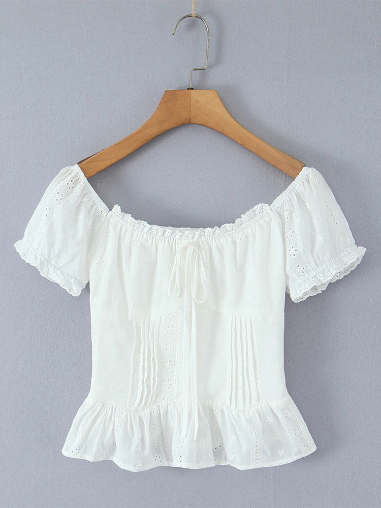 Women Sweet Lace Patchwork Bow Tied Blouses French Slash Neck Short Sleeve