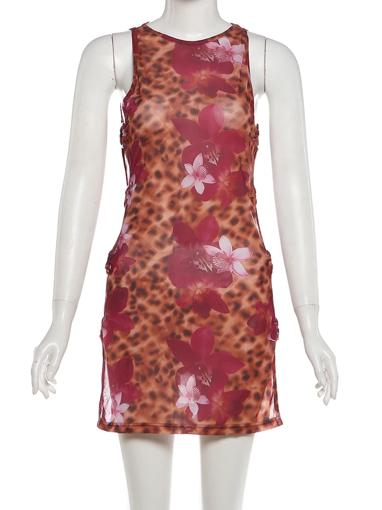 Leopard Print Mesh Patchwork Dress With Ring Details