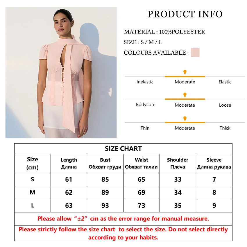 Pink Short Sleeve Shirt With Bow Collar And Lace Up Detailing