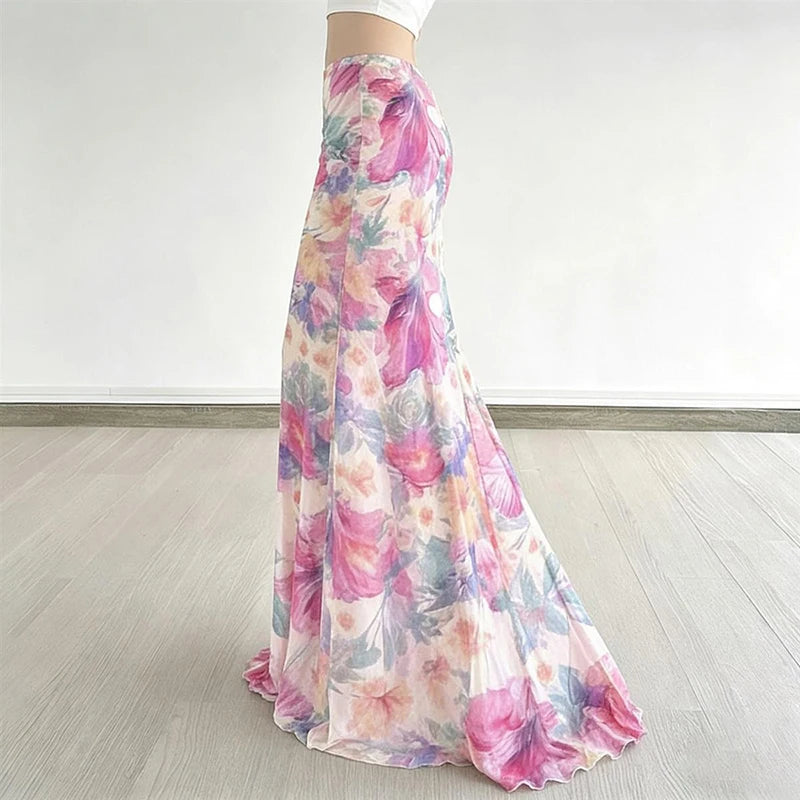 Bohemian Mesh Floral Maxi Skirt For Women Elegant High Waist