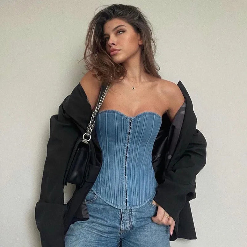 Off Shoulder Denim Corset Tank Top With Lace Up Back Hollow Detail Slim Bustier Camisole