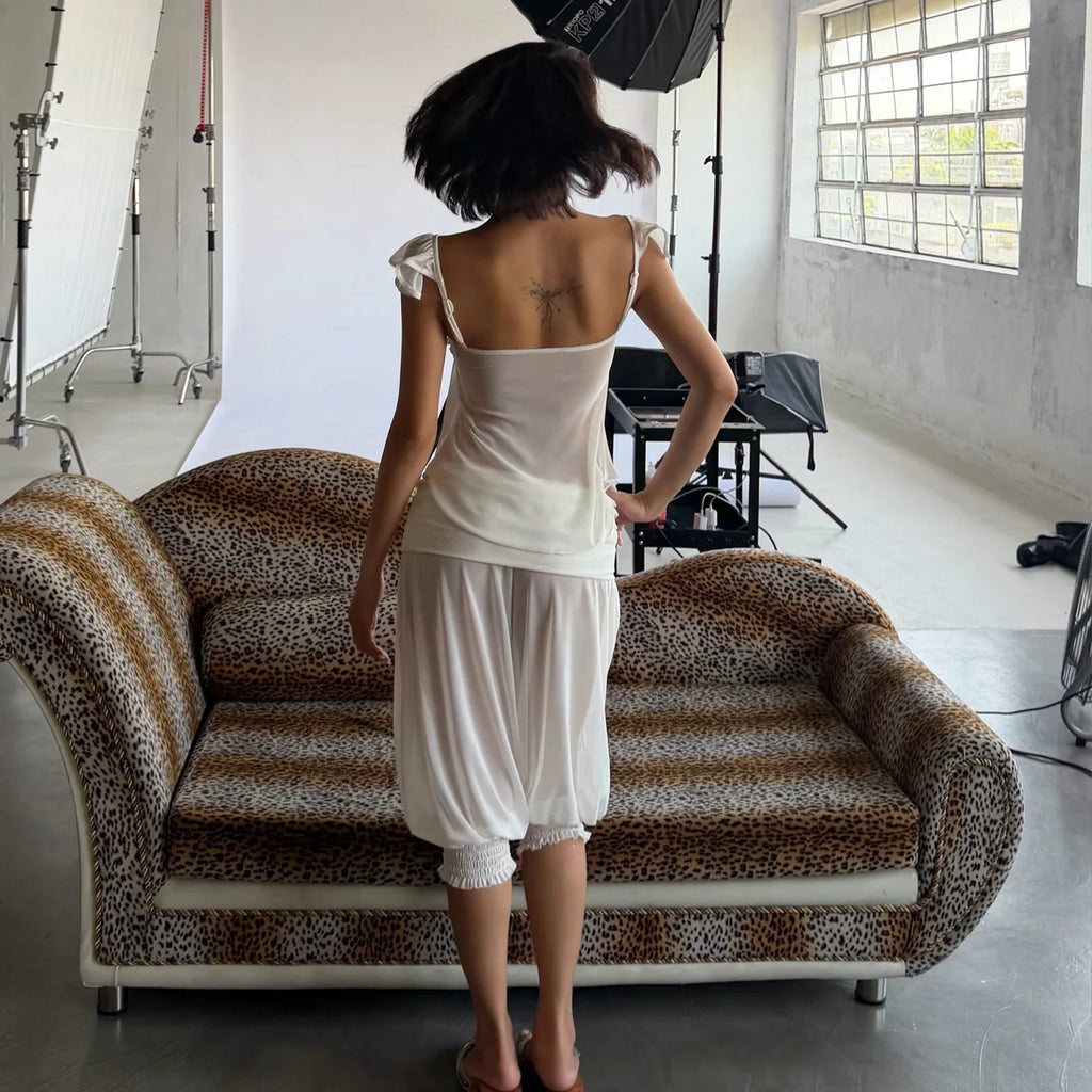 French Style Flying Sleeve Tank Top And Lantern Capri Pants Set