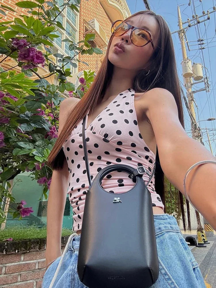 Polka Dot Halter Tank Top With Backless Lace Up Detail Chic Summer