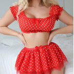 Polka Dots Tutu Lingerie Set Off Shoulder Twopiece with Plunge Bra and Satin Trim