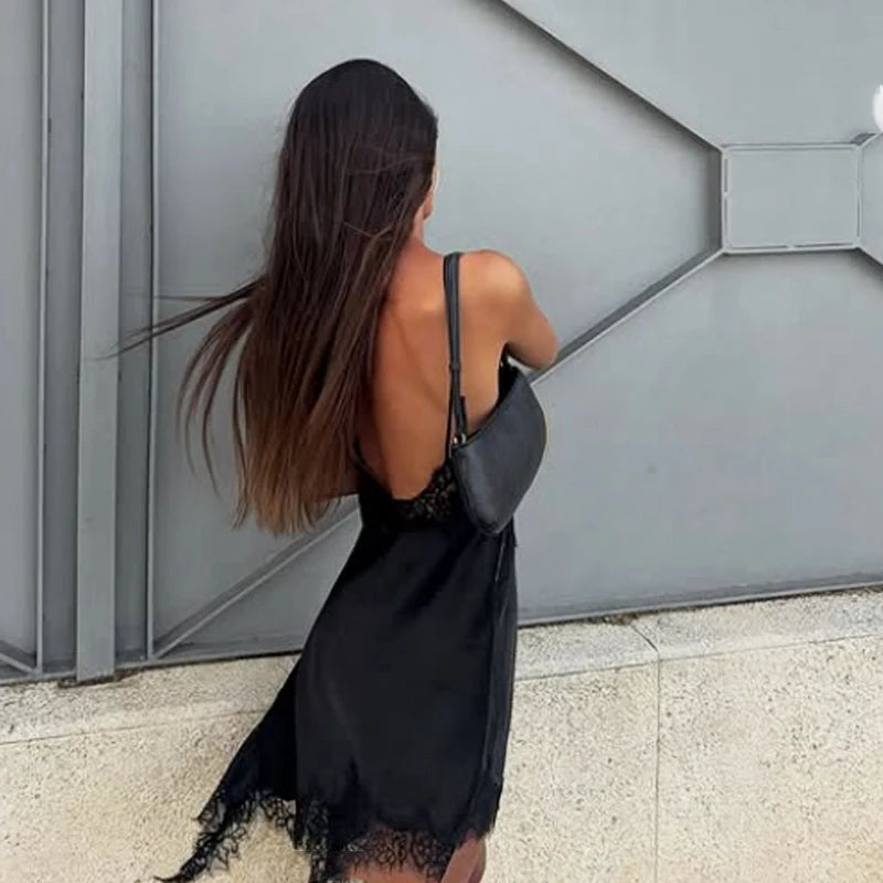Satin Elegant Backless Lace Slip Dress
