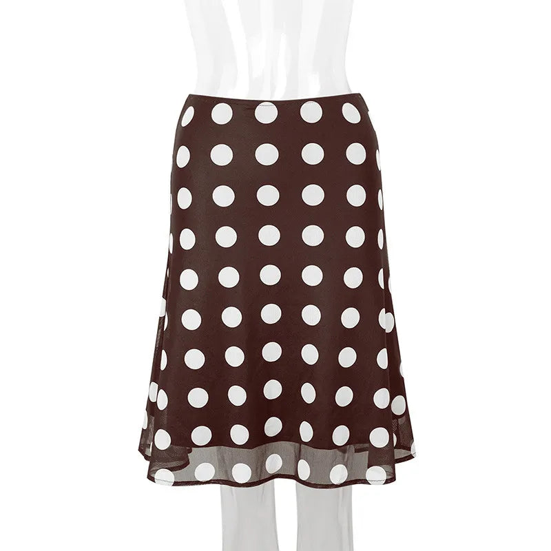 Polka Dot Satin Mesh Midi Skirt With High Waist A Line