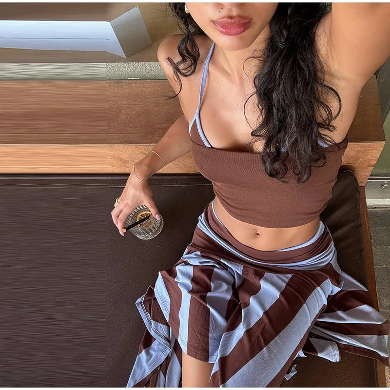 Striped Midi Skirt With Asymmetric Pleated Hem For Women Casual Style Flattering Low Rise