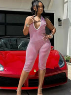 Red Striped Print Backless Halter Playsuit