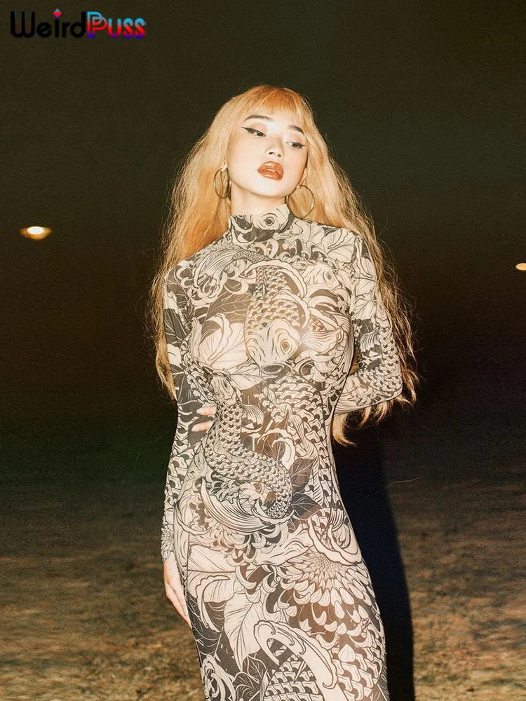 Mesh Print Maxi Bodycon Dress With Turtleneck And Long Sleeves